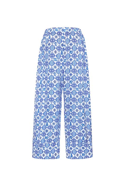 Women's Conscious Blue and White Azulejos Wide Satin Pants - Verandah
