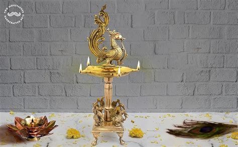 Buy Two Moustaches Brass Peacock Design Over Chowki Diya (Gold_8 Inch X ...