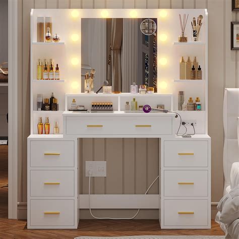 White Vanity Table with LED Lights, 10x Mirror, 8 Drawers, Acrylic ...