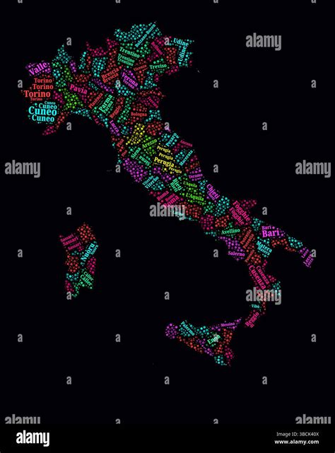 Italy Word Cloud. Region names of the country in the Italian language. Bright neon style design ...