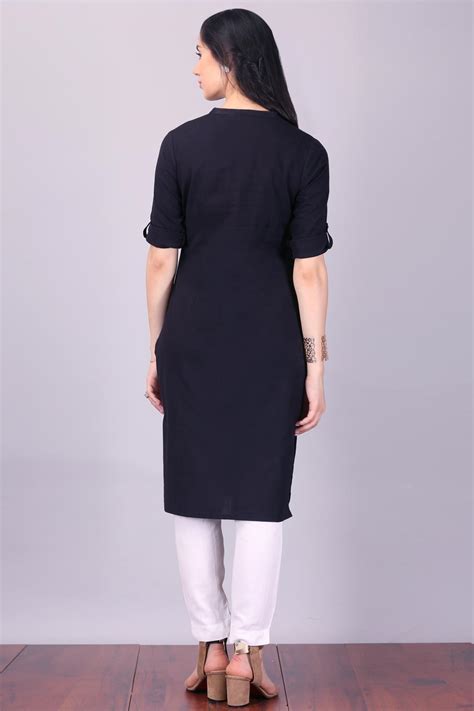 Buy Black 3/4 Sleeve Band Collar kurta Online for Woman | Shop for Aurelia