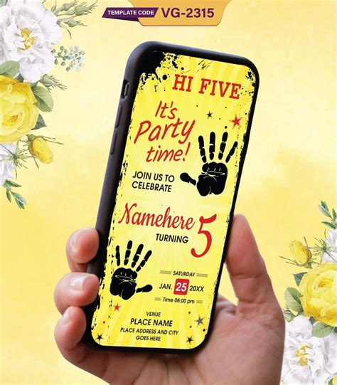 High Five Birthday Invitation Card | Fun Yellow Party E-Invite | VG-23 ...