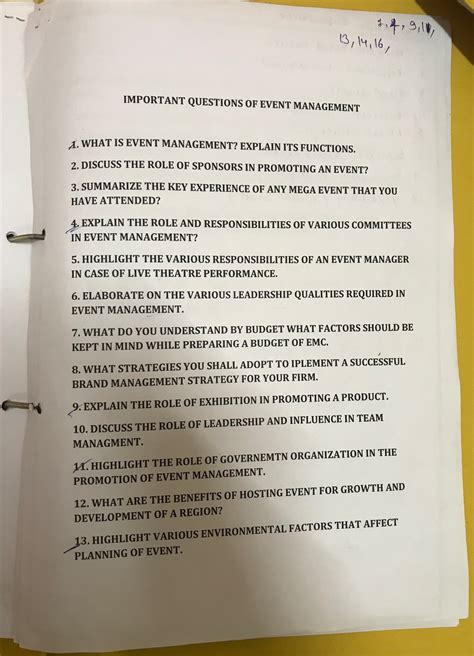 Important Questions in Event Management, BBA-MBA IV Sem 2024 - Studocu