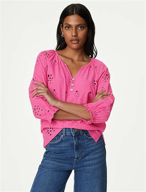 Buy Pure Cotton Broderie Puff Sleeve Blouse at Marks & Spencer