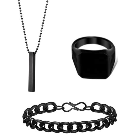 Buy BELLINA Black Tone Elegant Finger Ring, Cuboid Bar Pendant And ...