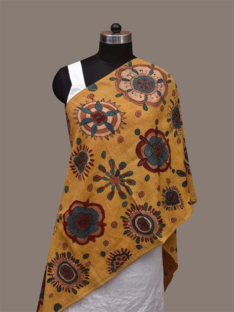Yellow Kalamkari Hand Painted Woolen Handloom Stole with Floral Design ...