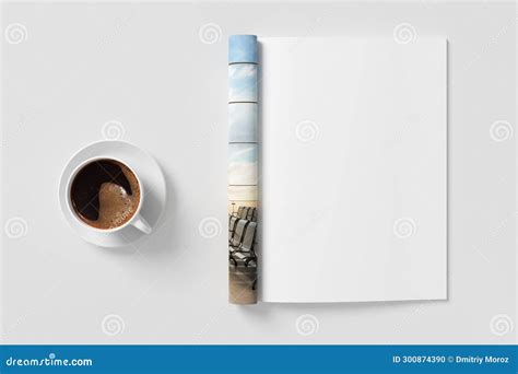 Magazine Right-hand Page Mockup and Cup of Coffee on White Desk Stock ...