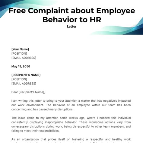 Complaint Letter about Employee Behavior to HR Template - Edit Online & Download Example ...