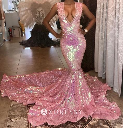 Pink Scaled Sequin Trumpet Long Train Prom Dress - Xdressy