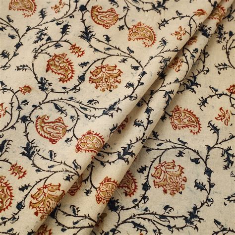 Beige Block Print Cotton Pedana Kalamkari Fabric