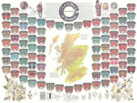 Clan map of Scotland. Tartans. Family crests. 88x66cm BARTHOLOMEW 1984 old