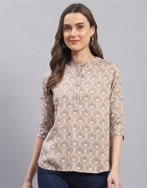 Buy Women Brown Printed Mandarin Collar 3/4 Sleeve Top Online in India ...