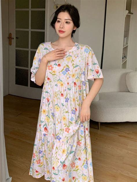 DAZY Women Summer Floral Print Round Neck Short Sleeve Sleep Dress ...