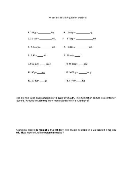 Week 2: Dosage Calculations - Week 2 Med Math question practices 78 kg ...