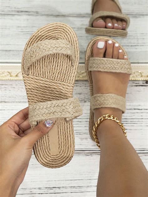 Women's Flat Sandals With Woven Design And Double Straps | SHEIN USA
