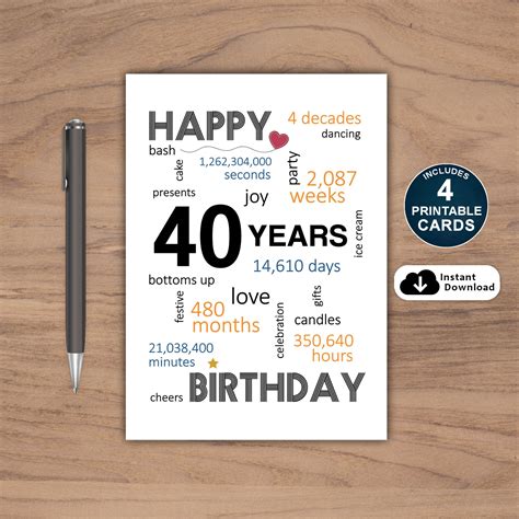 40th Birthday Printable Cards