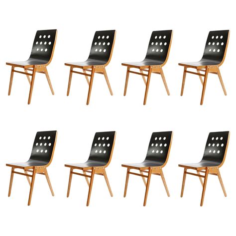 Roland Rainer, Set of Eight Stacking Chairs, Black Beech Wood, Vienna, 1950s For Sale at 1stDibs
