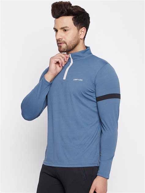 JUMP USA Men Blue Sports Turtle Neck T-shirt