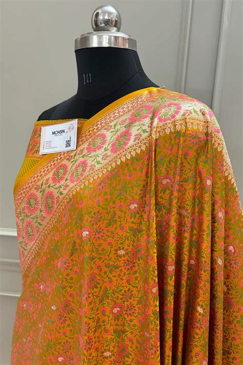 Mustard and Orange Jungli Jaal Katan Silk Banarasi Saree – Mohsin Textiles