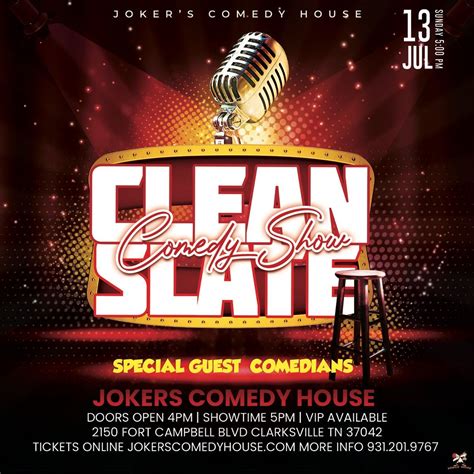 Clean Slate Comedy Show , Joker's Comedy House, Clarksville, 13 July ...