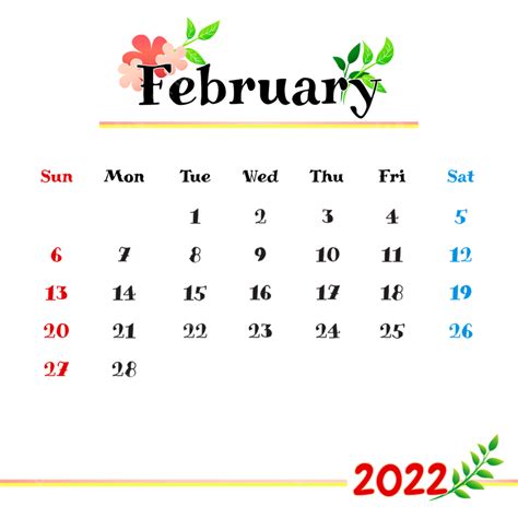 Monthly Calendar 2022 February