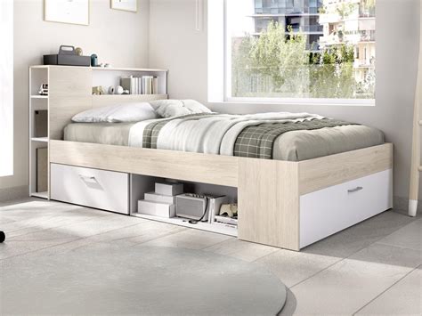 Cama 120 x 190 cm en color natural y blanco + somier + colchón - LEANDRE