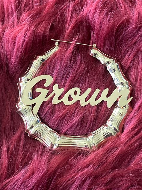 Gold Bamboo Hoop Earrings, Grown Bamboo Earrings, Grown Word Engraved ...