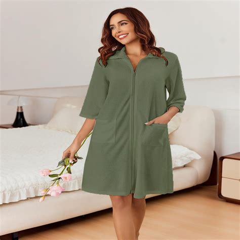 Pure Cotton - Short Women's Bath Robe with Zipper - Sage Green - Waffle ...