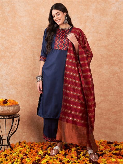 Indo Era Navy Blue Yoke Design Straight Kurta Palazzos With Dupatta Se ...