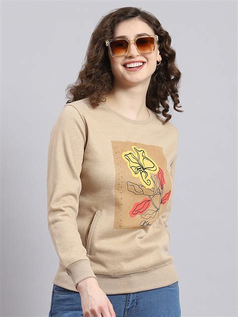 Buy Women Beige Printed Round Neck Full Sleeve Sweatshirt Online in ...