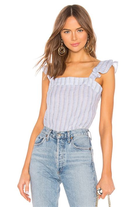 Line & Dot Agatha Ruffled Top in White & Blue | REVOLVE