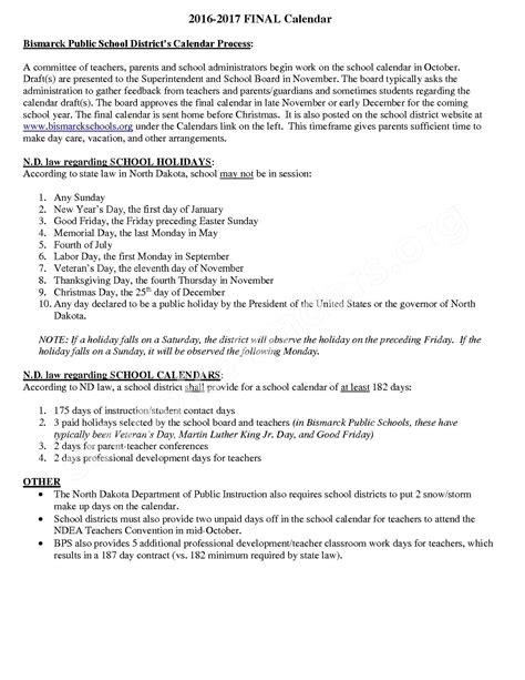 2016 - 2017 School Calendar | Bismarck Public Schools - Bismarck, ND