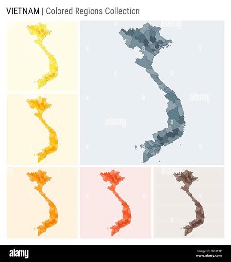 Vietnam map collection. Country shape with colored regions. Blue Grey, Yellow, Amber, Orange ...