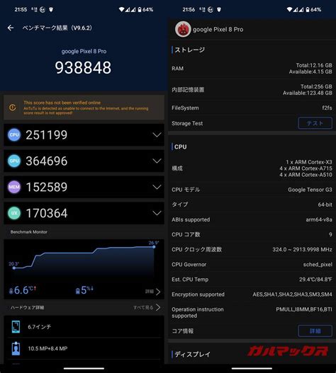 Pixel 8 Pro/メモリ12GB（Google Tensor G3）の実機AnTuTuベンチマークスコア - ガルマックス
