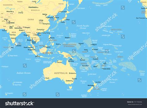 East Asia Oceania Map Detailed Vector Stock Vector (Royalty Free) 731799496 - asia oceania map