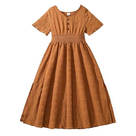Kid Girl Dresses Short Sleeve Tiered Swing A-Line Casual Brown Dress ...