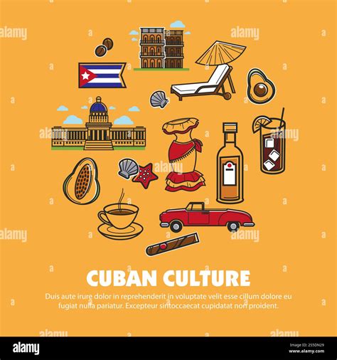 Cuba culture famous symbols and Havana travel landmarks. Vector poster ...