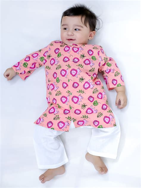 BownBee Pure Cotton Lion Print Kurta Pajama Set for Baby Boy - Pink