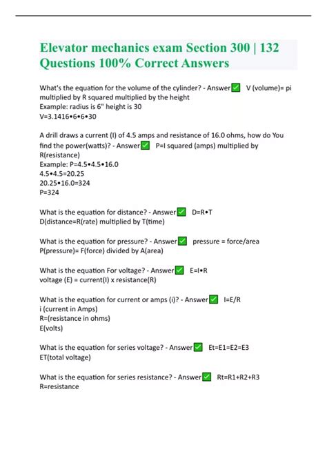 Elevator mechanics exam Section 300 | 132 Questions 100% Correct Answers - Elevator mechanic ...