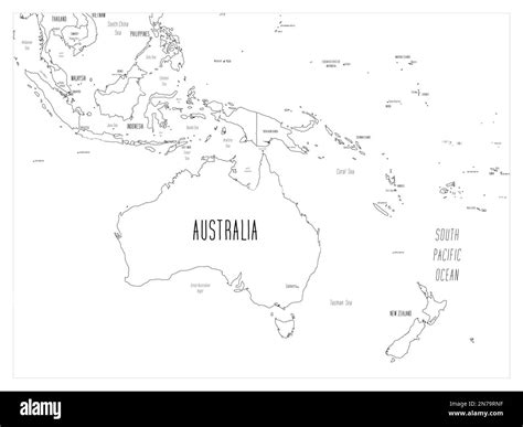 Political map of Australia and Oceania. Black outline hand-drawn cartoon style illustrated map ...