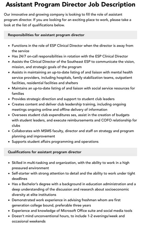 Image result for Assistant Program Director Job Description