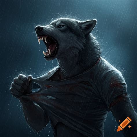Wolf screaming, ripping shirt in a rainstorm on Craiyon