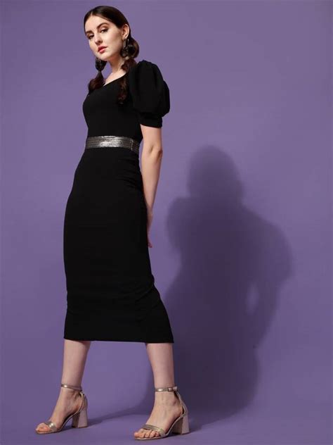 Elegant Black Solid Knitted Sheath Midi Knee Length Dress by Wyshlist