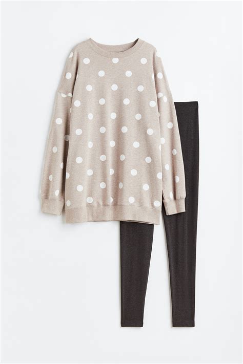 Pyjama top and leggings - Beige marl/Black - Ladies | H&M IN