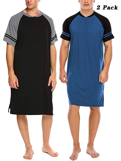 2 Pack Men's Cotton Nightshirts Button V Neck Nightgown Short Sleeve ...