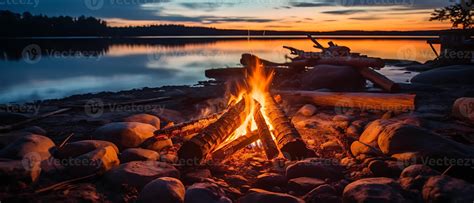 Experience a glowing campfire by the lake, with a stunning sunset and ...