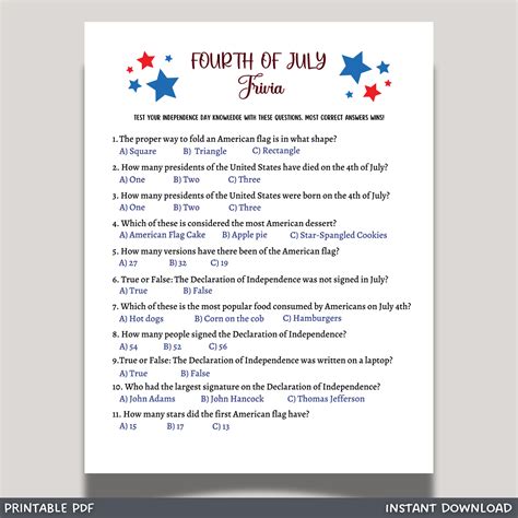 July 4th Trivia Game Printable, Family Activity Adults & Kids ...