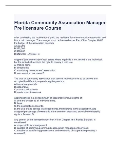 Florida Community Association Manager Pre licensure Course Exam - CAM ...