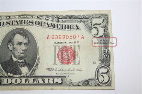 1963 Five Dollar Red Seal Note Sn A63290507a $5. 00