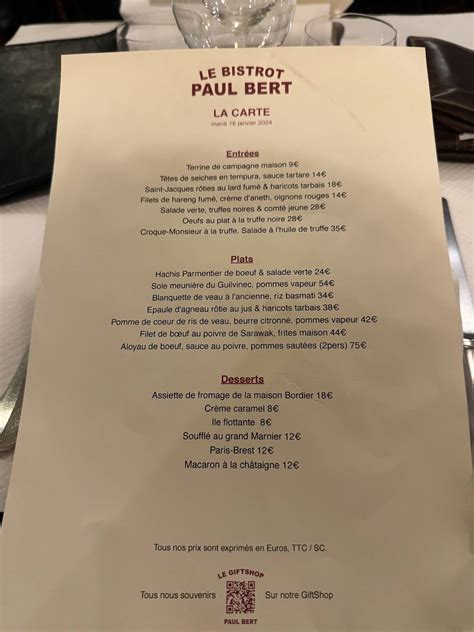 Menu at Bistrot Paul Bert restaurant, Paris